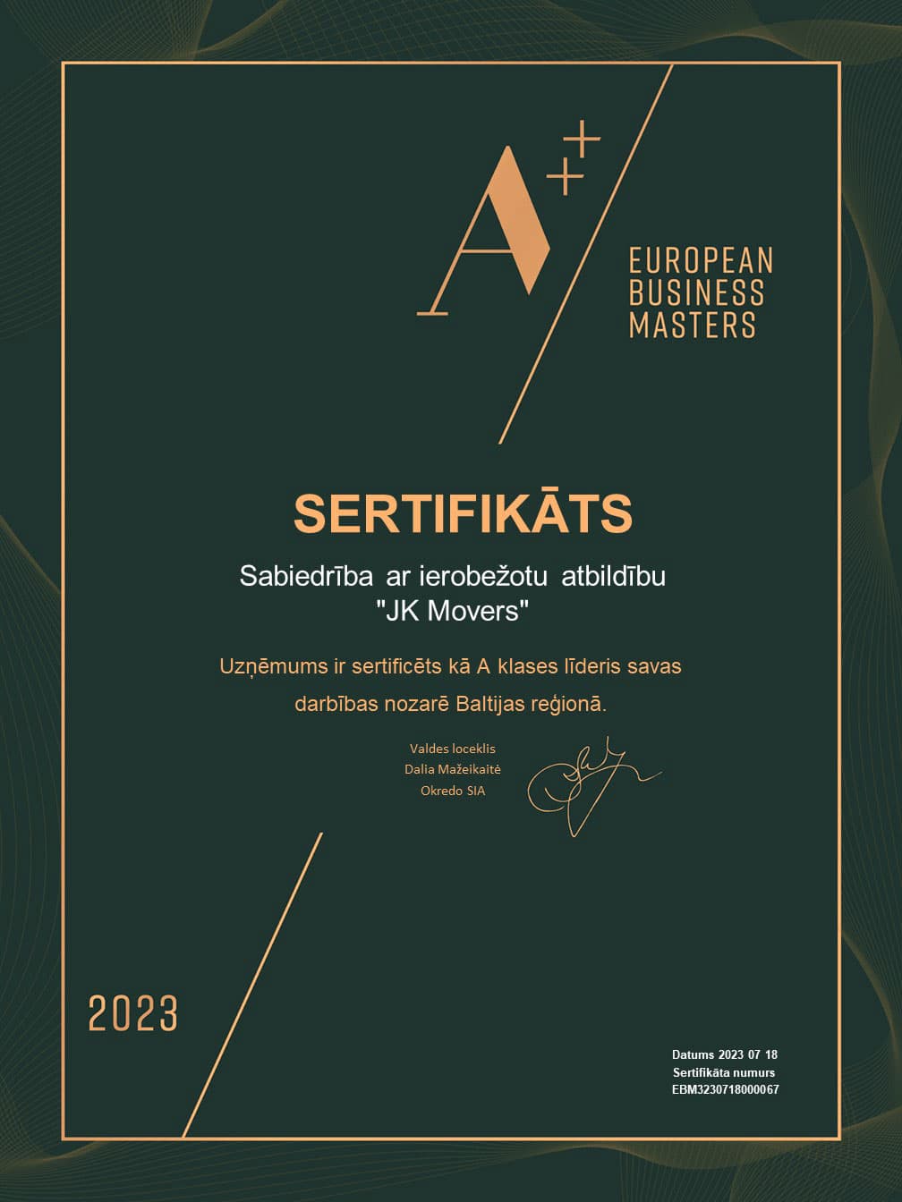 A+ European Business Masters sertifikāts 2023
