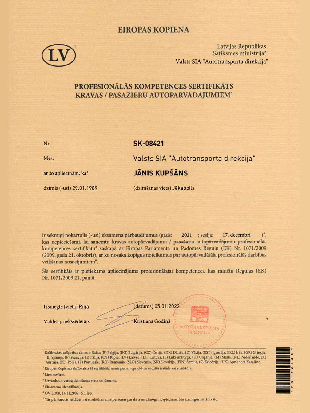 Profesionālās kompetences sertifikāts kravas autopārvadājumiem